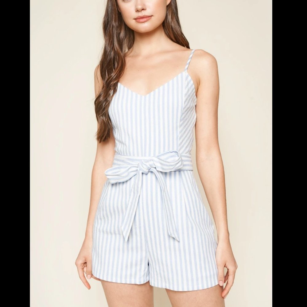 Sugar Lips Blue and White Stripe Romper